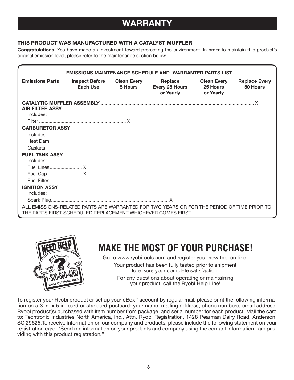 Make the most of your purchase, Warranty | Ryobi RY08578 User Manual | Page 18 / 20