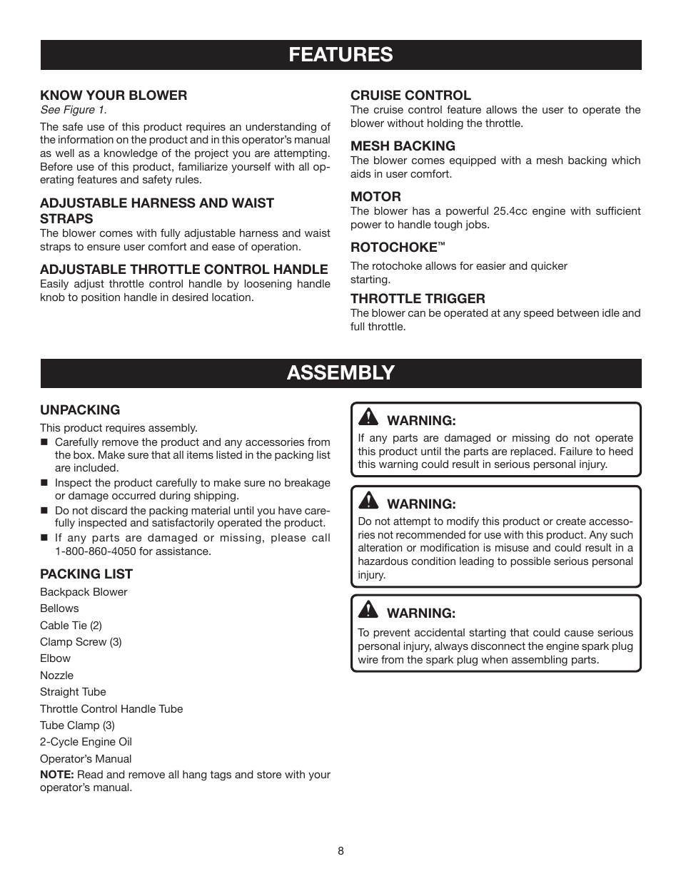 Features assembly | Ryobi RY08578 User Manual | Page 8 / 20