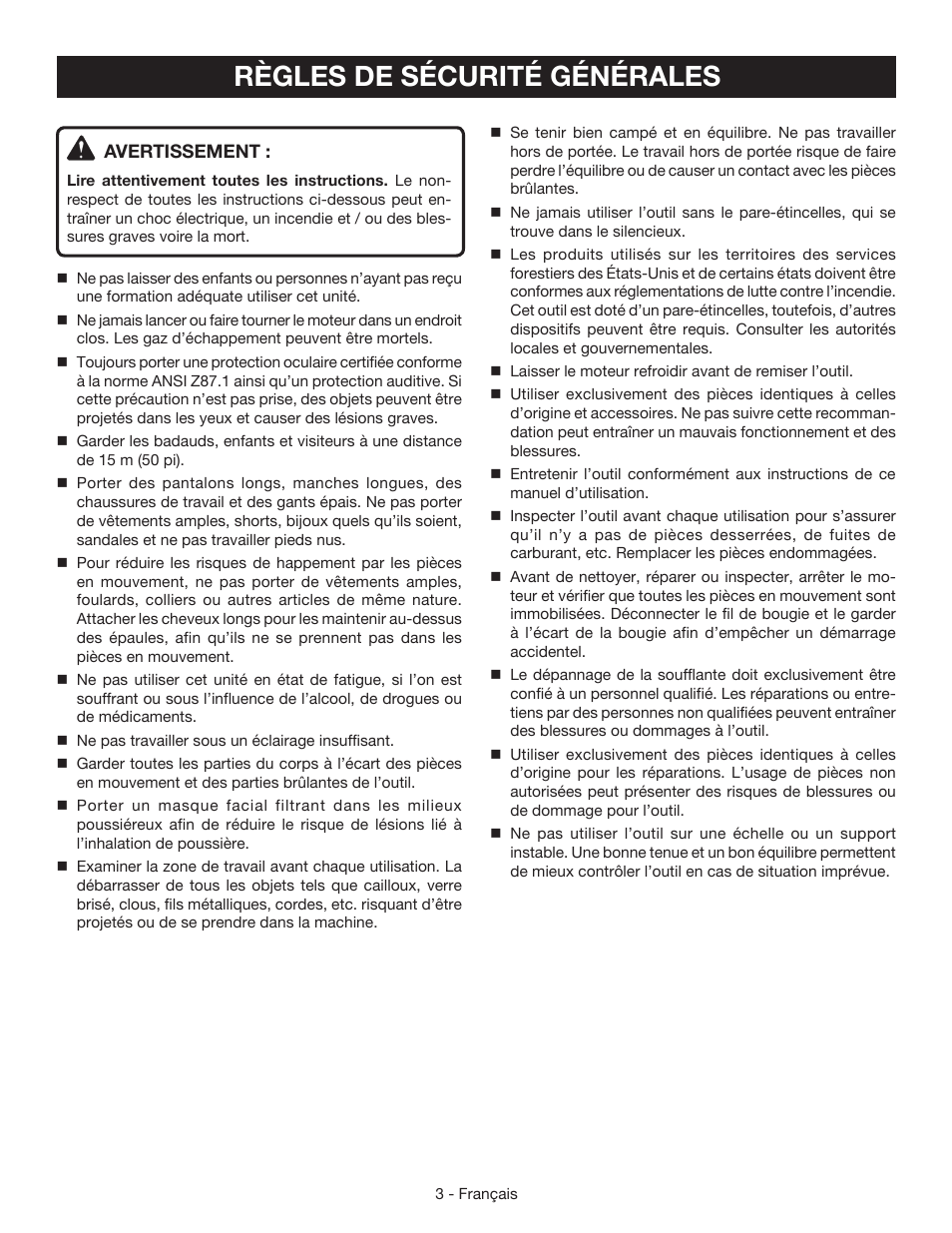 Règles de sécurité générales | Ryobi RY09440 User Manual | Page 20 / 48