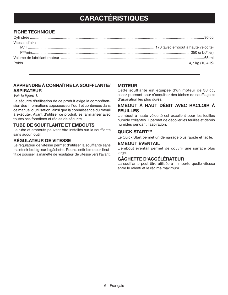 Caractéristiques | Ryobi RY09440 User Manual | Page 23 / 48