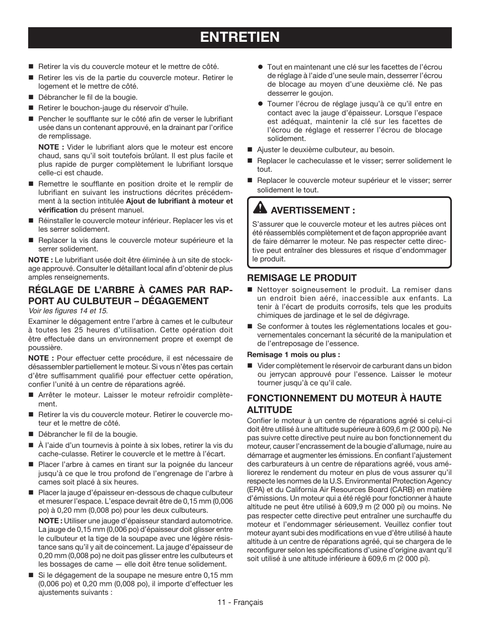 Entretien, Avertissement, Remisage le produit | Fonctionnement du moteur à haute altitude | Ryobi RY09440 User Manual | Page 28 / 48