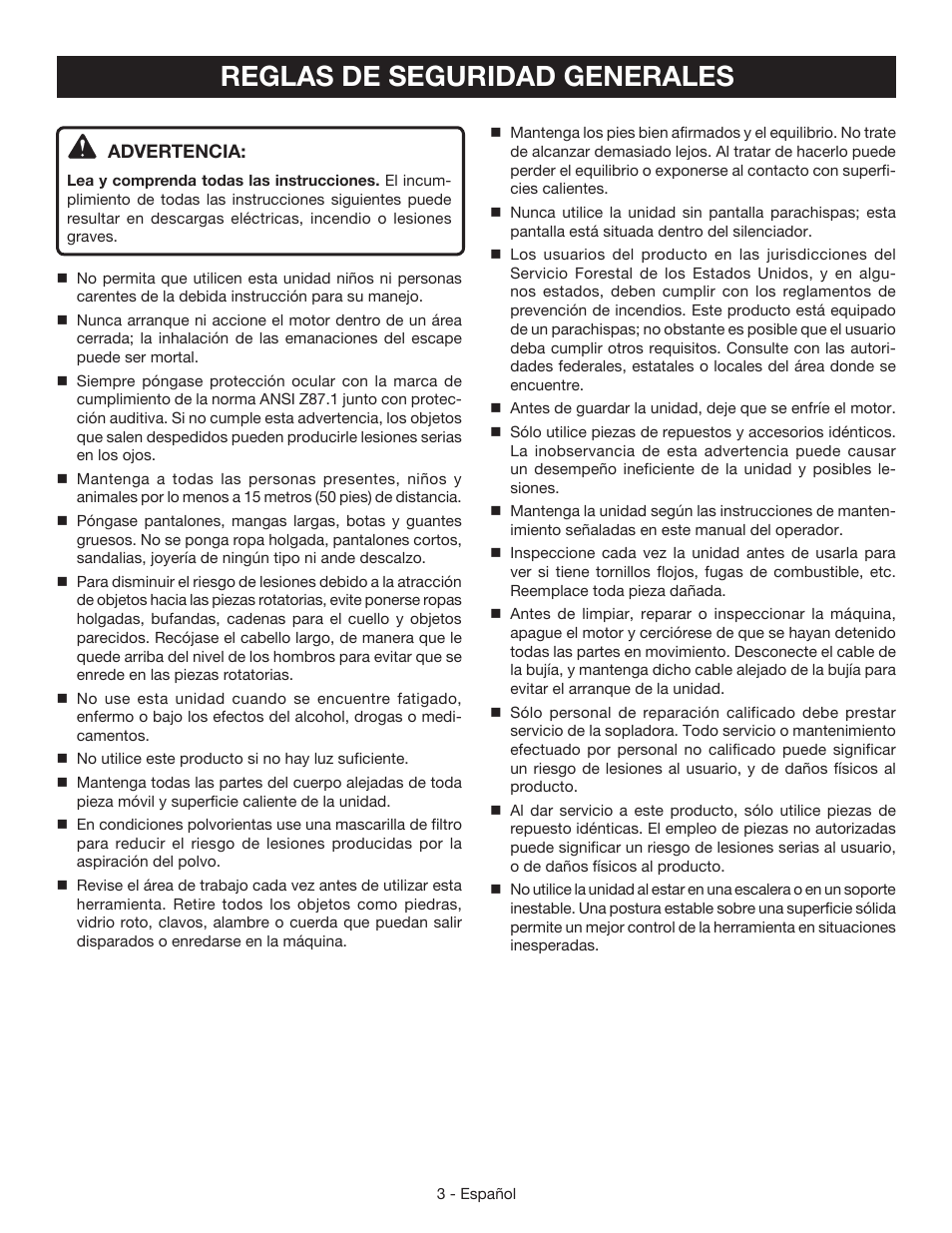 Reglas de seguridad generales | Ryobi RY09440 User Manual | Page 33 / 48