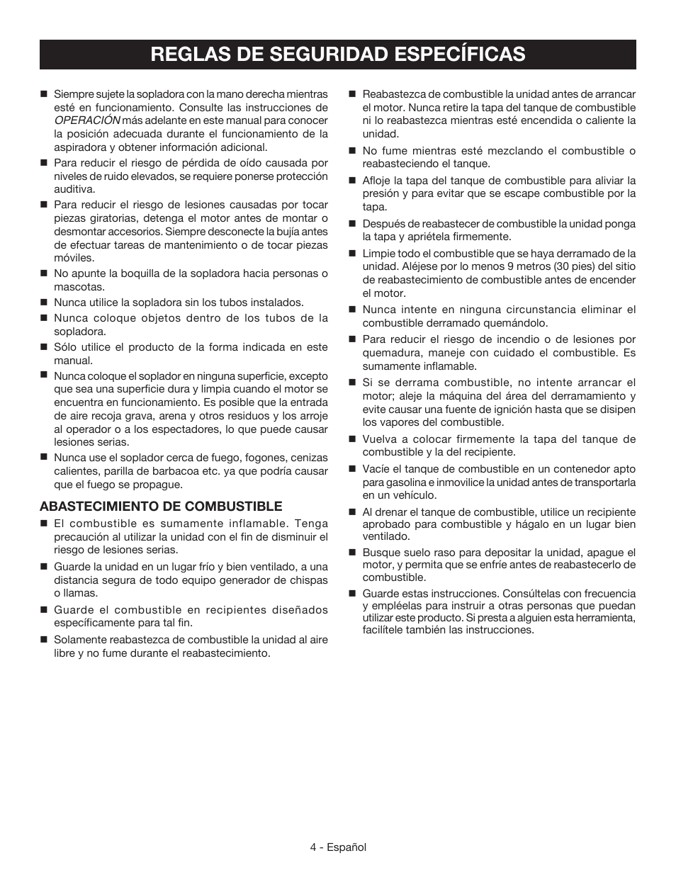 Reglas de seguridad específicas | Ryobi RY09440 User Manual | Page 34 / 48