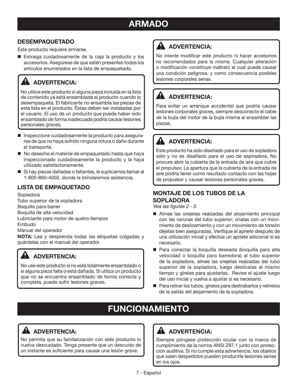 Armado, Funcionamiento | Ryobi RY09440 User Manual | Page 37 / 48