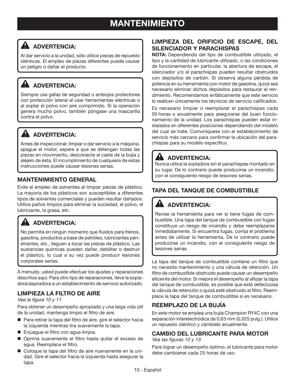 Mantenimiento | Ryobi RY09440 User Manual | Page 40 / 48