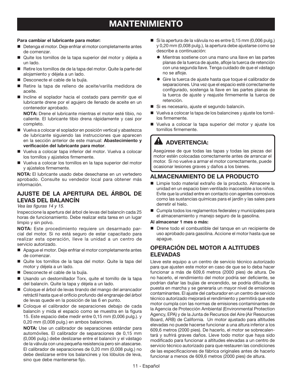 Mantenimiento, Advertencia, Almacenamiento de la producto | Operación del motor a altitudes elevadas | Ryobi RY09440 User Manual | Page 41 / 48