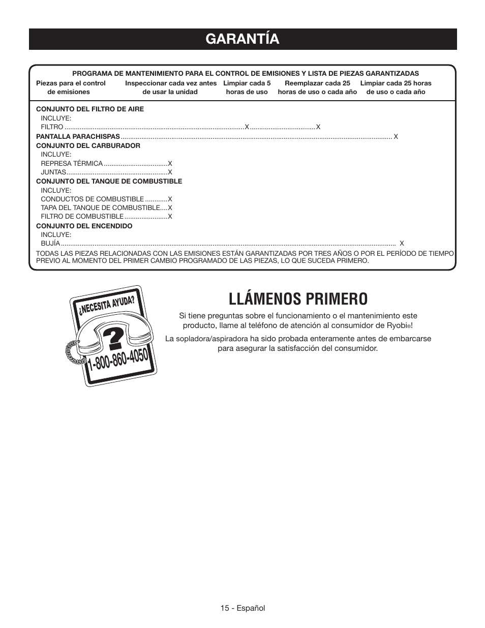 Llámenos primero, Garantía | Ryobi RY09440 User Manual | Page 45 / 48