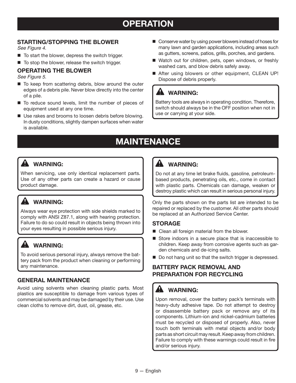 Operation maintenance | Ryobi RY40400 User Manual | Page 11 / 30