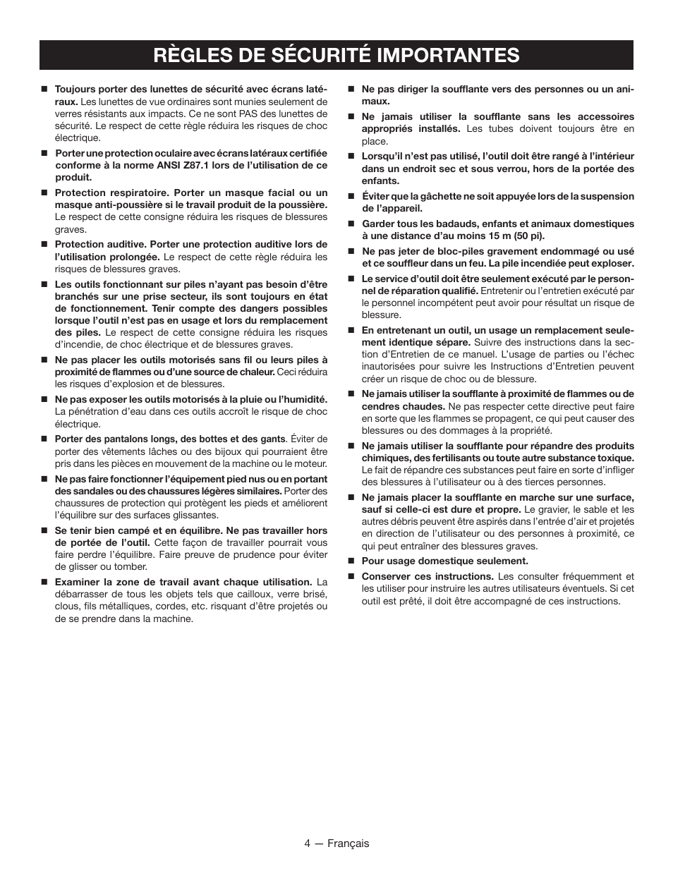 Règles de sécurité importantes | Ryobi RY40400 User Manual | Page 15 / 30