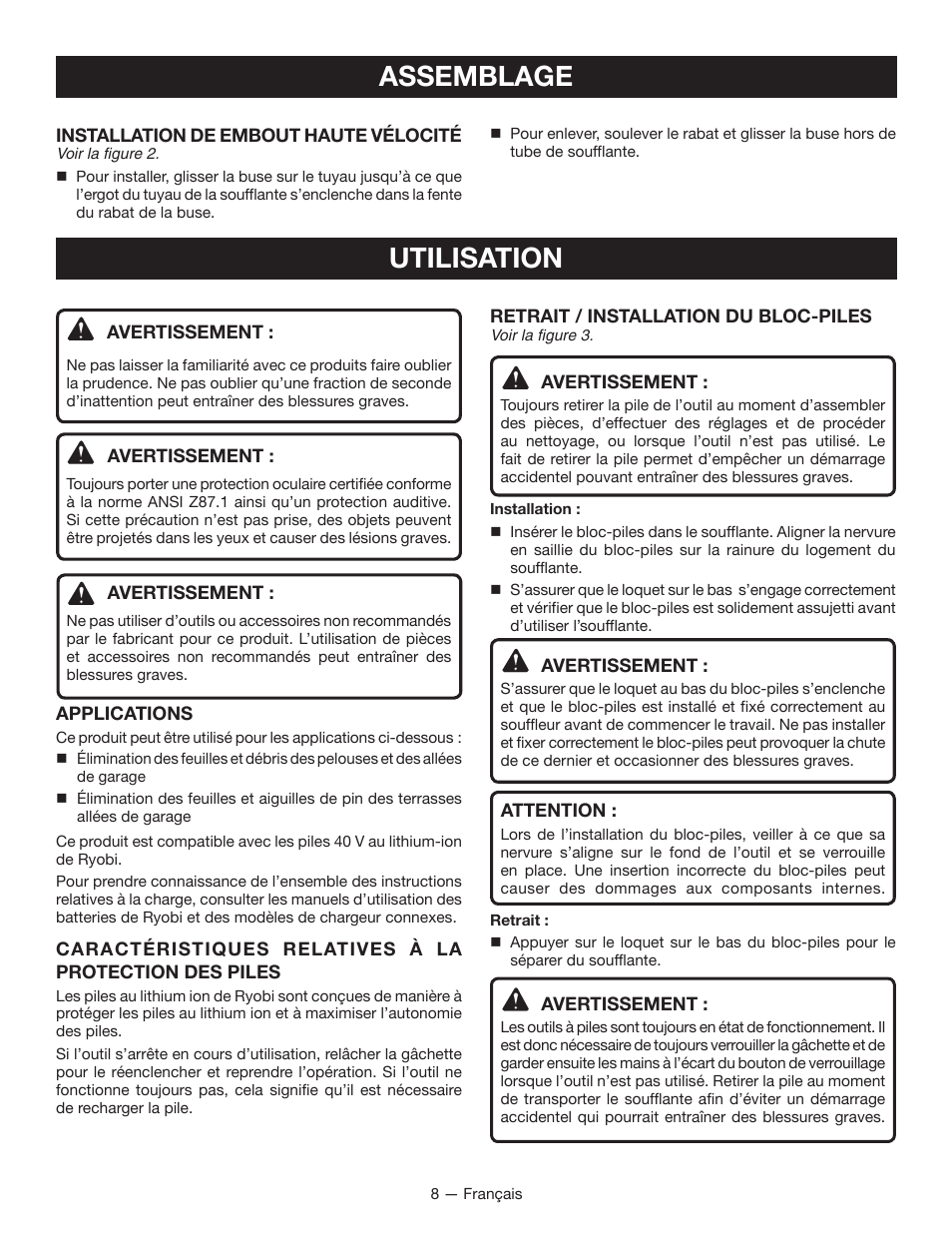 Utilisation assemblage | Ryobi RY40400 User Manual | Page 19 / 30