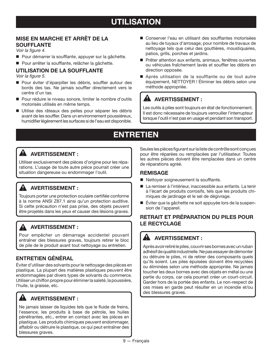 Utilisation entretien | Ryobi RY40400 User Manual | Page 20 / 30