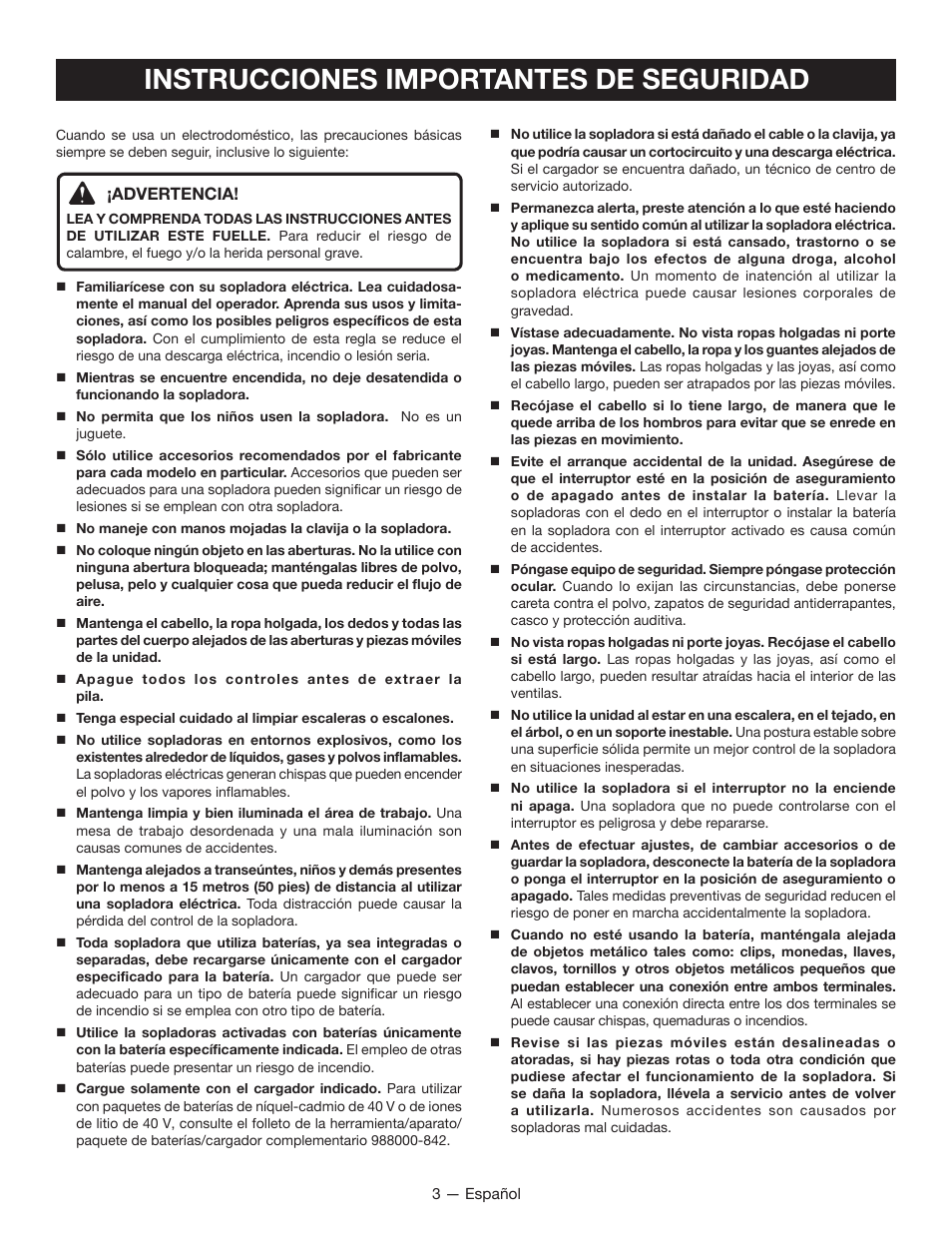 Instrucciones importantes de seguridad | Ryobi RY40400 User Manual | Page 22 / 30