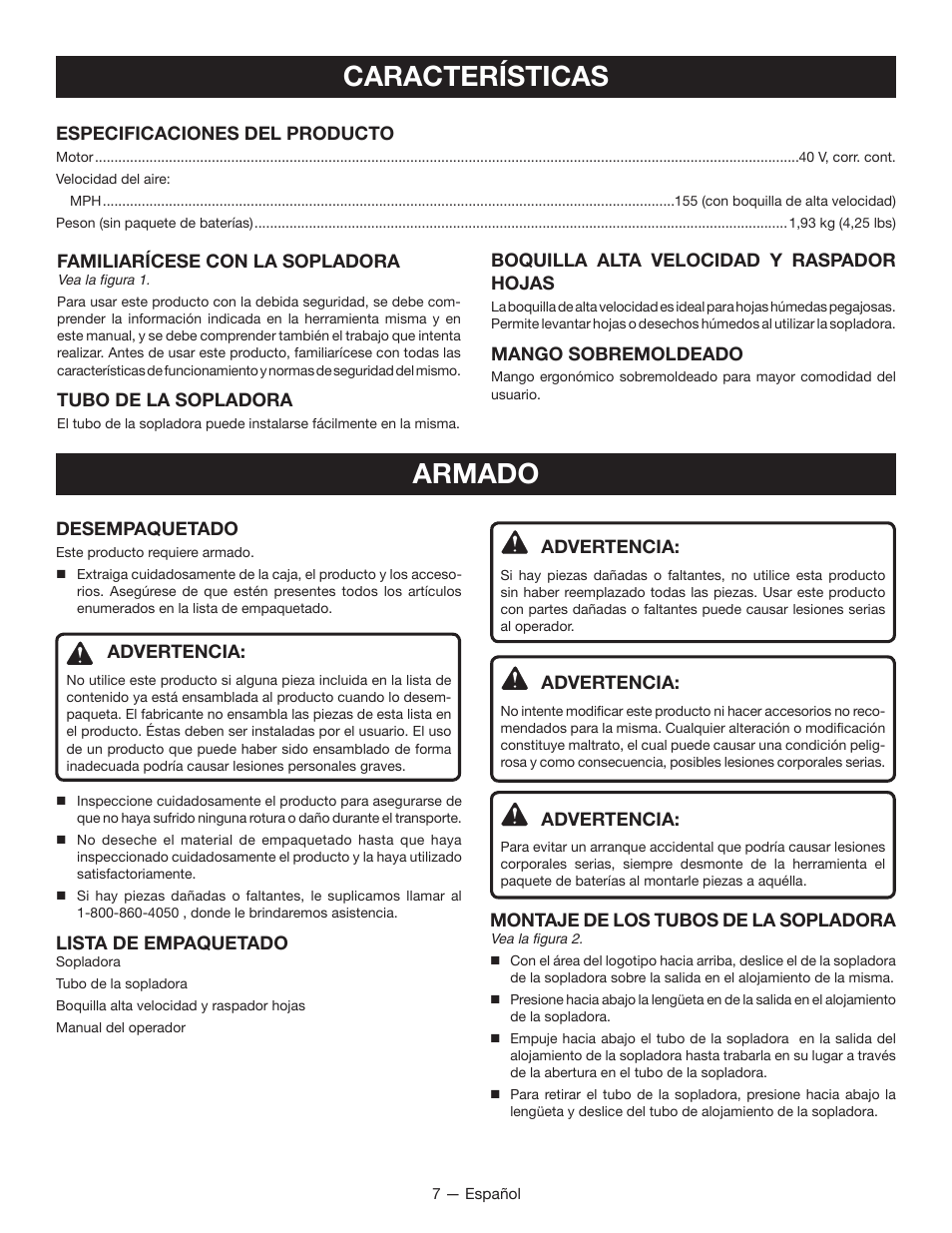 Características armado | Ryobi RY40400 User Manual | Page 26 / 30