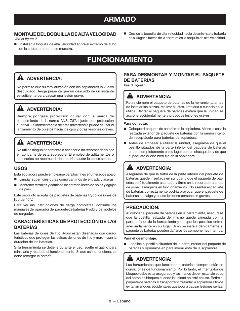 Funcionamiento armado | Ryobi RY40400 User Manual | Page 27 / 30