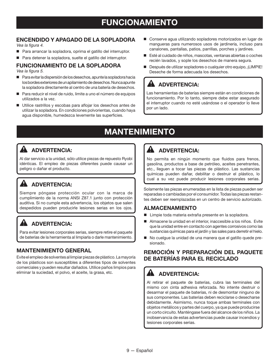 Funcionamiento mantenimiento | Ryobi RY40400 User Manual | Page 28 / 30