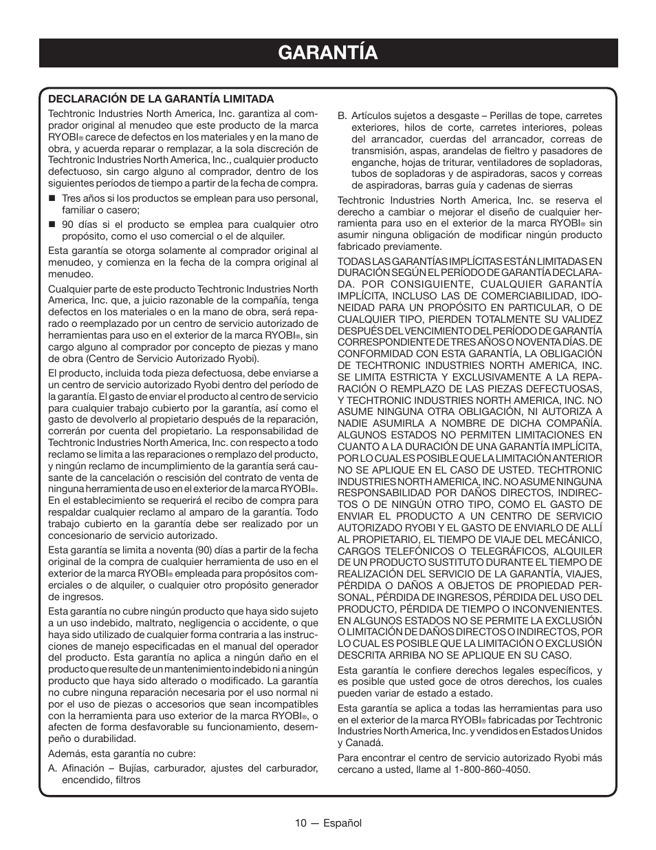 Garantía | Ryobi RY40400 User Manual | Page 29 / 30