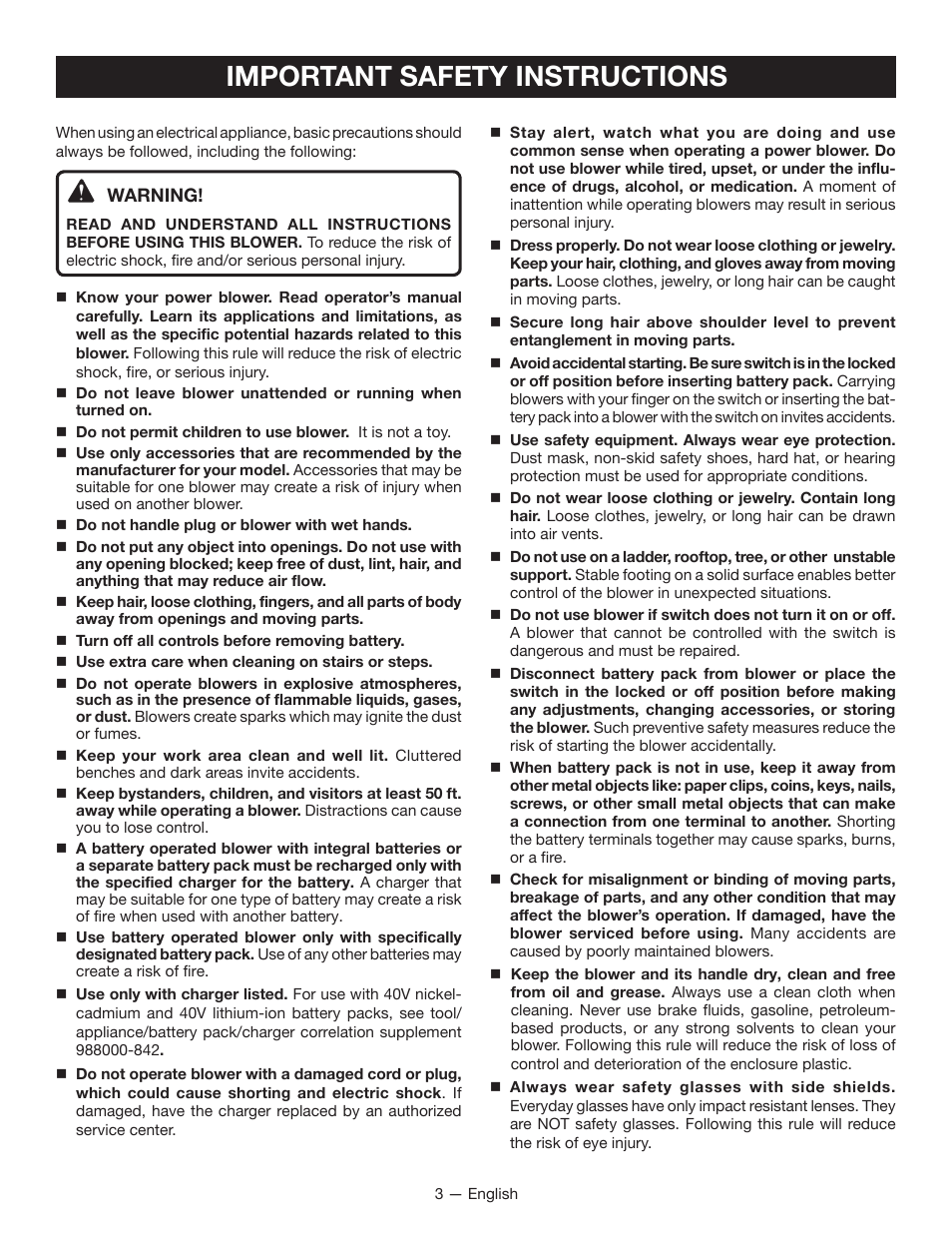 Important safety instructions | Ryobi RY40400 User Manual | Page 5 / 30
