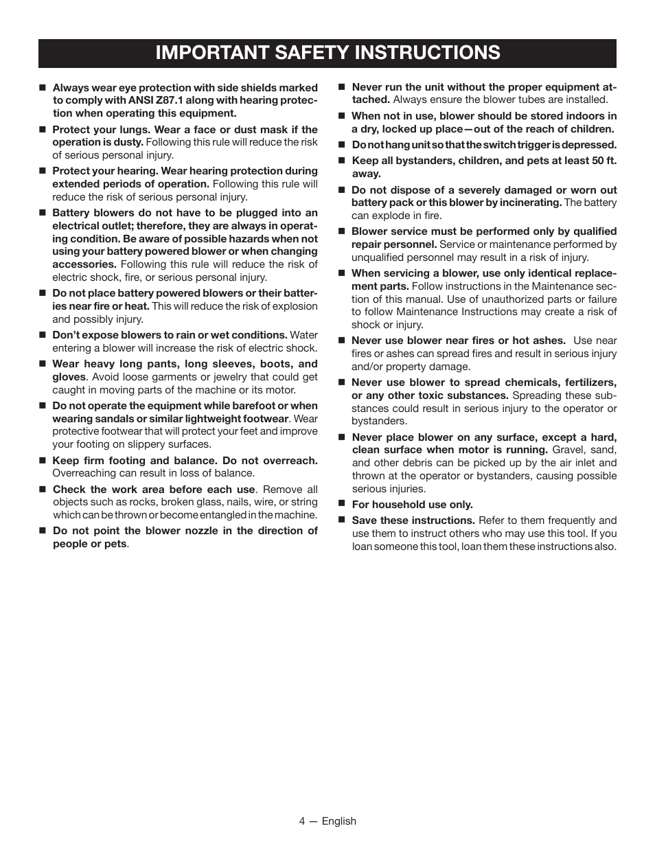 Important safety instructions | Ryobi RY40400 User Manual | Page 6 / 30