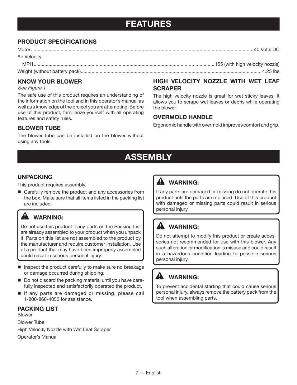 Features assembly | Ryobi RY40400 User Manual | Page 9 / 30