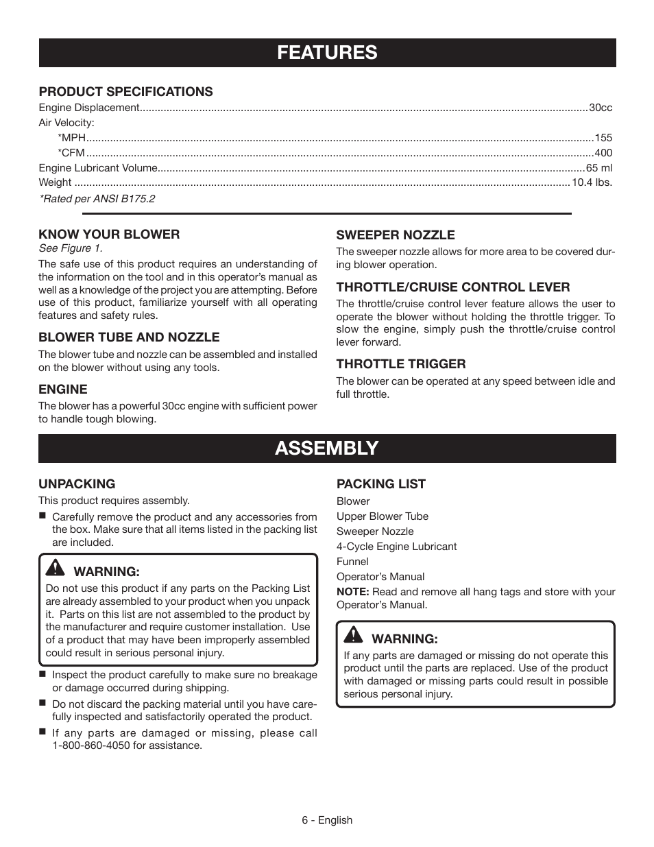 Features, Assembly | Ryobi RY09465 User Manual | Page 10 / 48