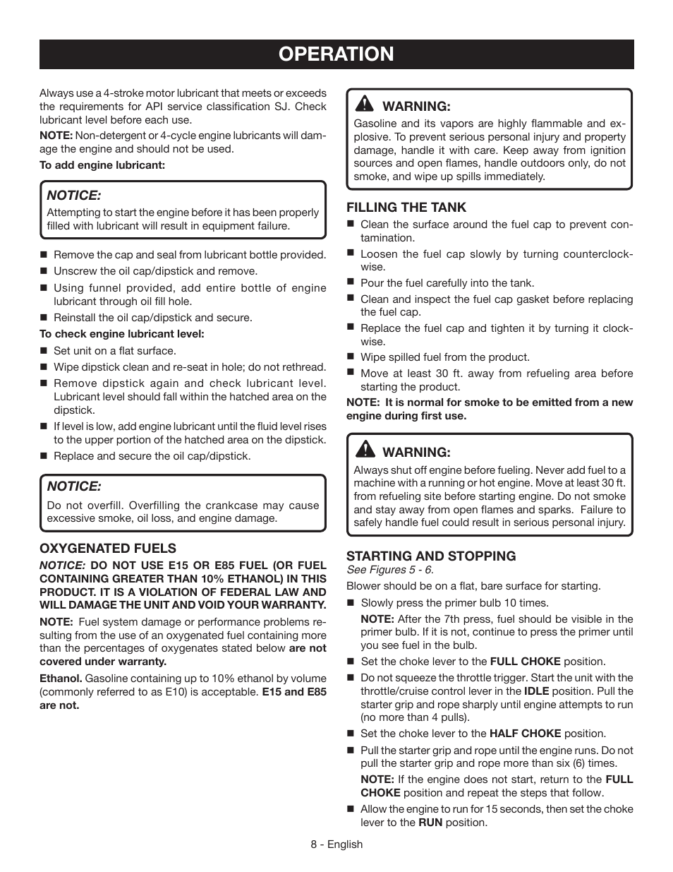 Operation | Ryobi RY09465 User Manual | Page 12 / 48