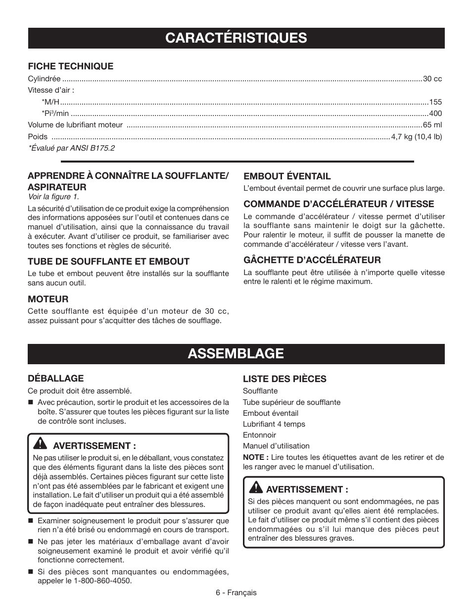 Caractéristiques, Assemblage | Ryobi RY09465 User Manual | Page 25 / 48