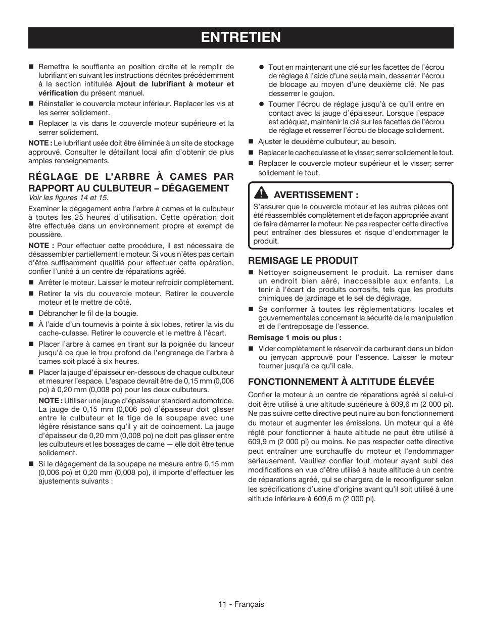 Entretien, Avertissement, Remisage le produit | Fonctionnement à altitude élevée | Ryobi RY09465 User Manual | Page 30 / 48