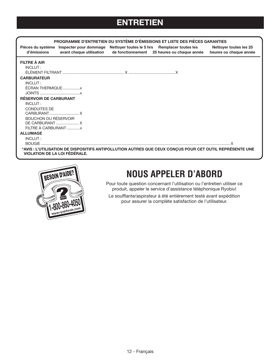 Nous appeler d’abord, Entretien, Besoin d’aid e | Ryobi RY09465 User Manual | Page 31 / 48