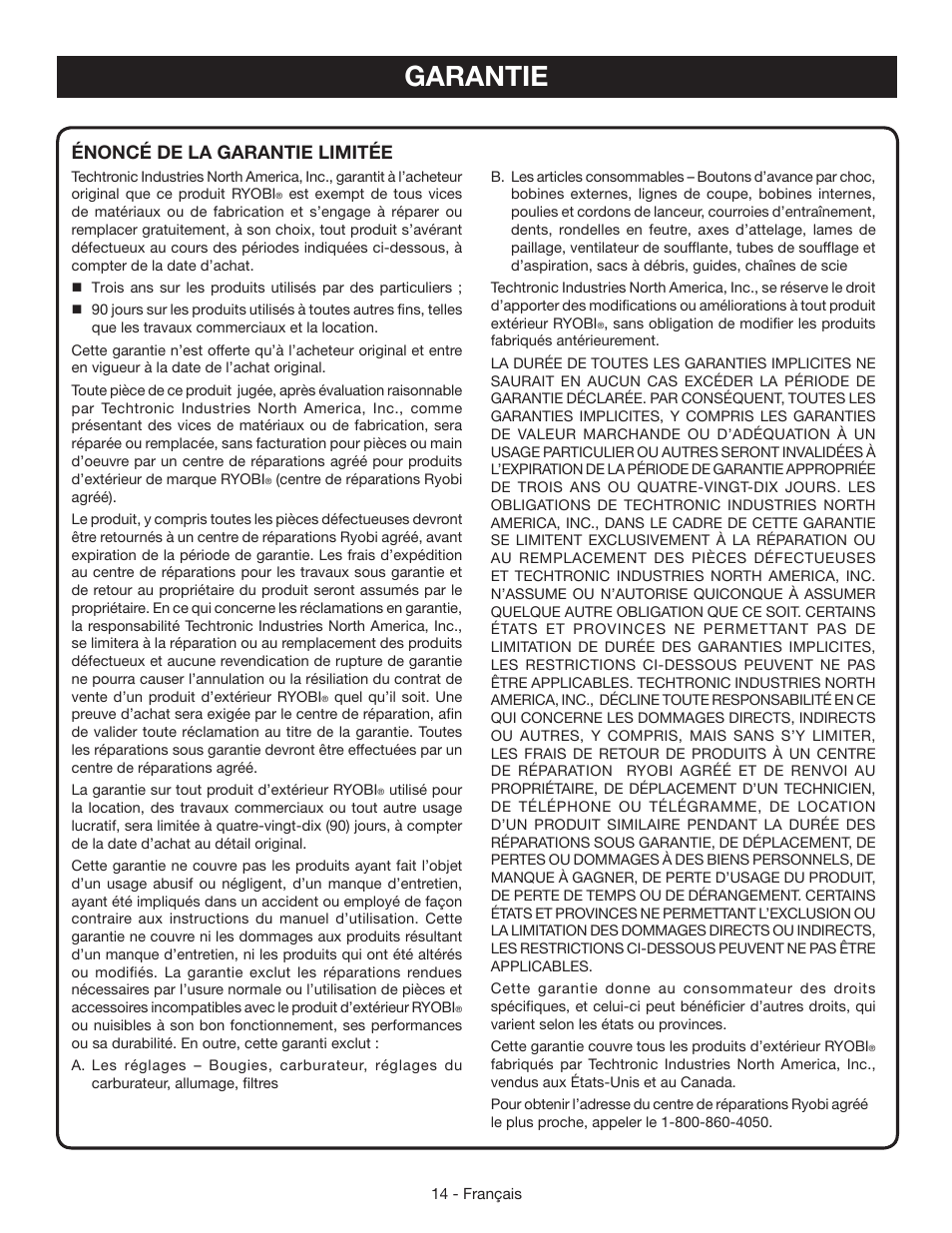 Garantie, Énoncé de la garantie limitée | Ryobi RY09465 User Manual | Page 33 / 48