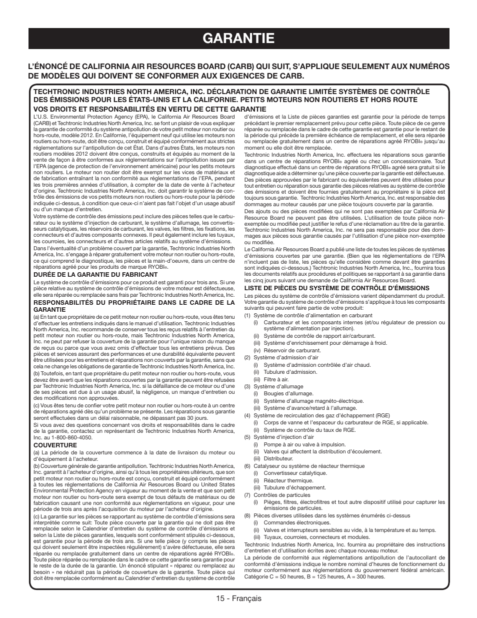 Garantie, 15 - français | Ryobi RY09465 User Manual | Page 34 / 48