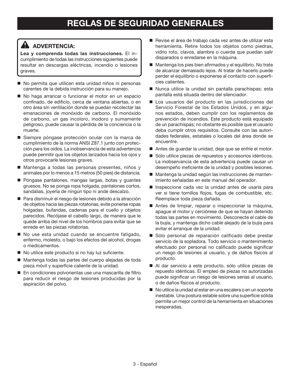Reglas de seguridad generales | Ryobi RY09465 User Manual | Page 35 / 48