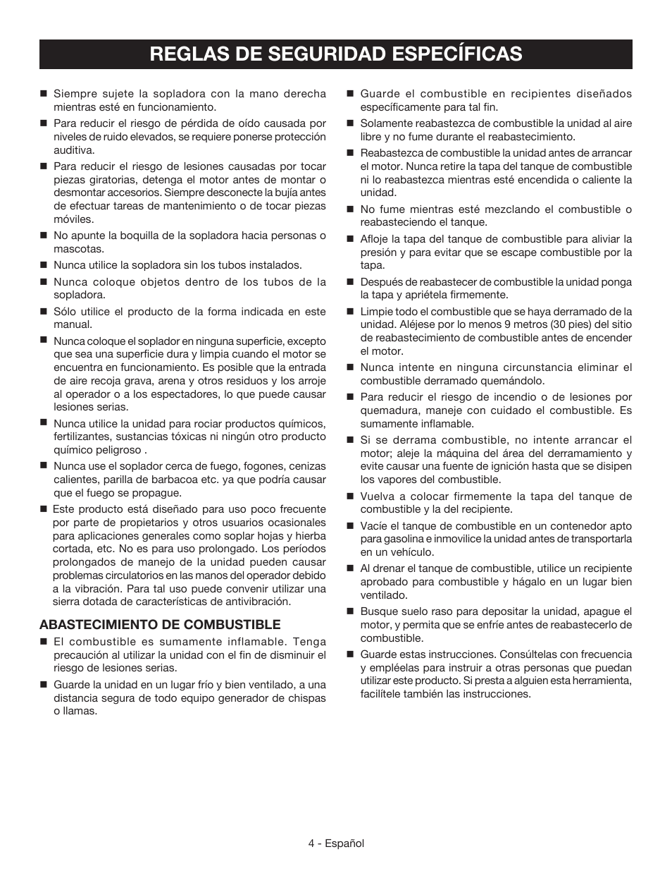 Reglas de seguridad específicas | Ryobi RY09465 User Manual | Page 36 / 48