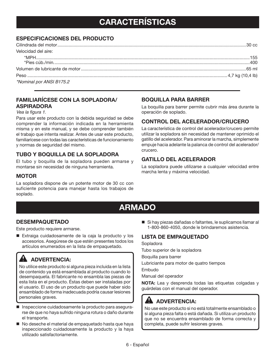 Características, Armado | Ryobi RY09465 User Manual | Page 38 / 48