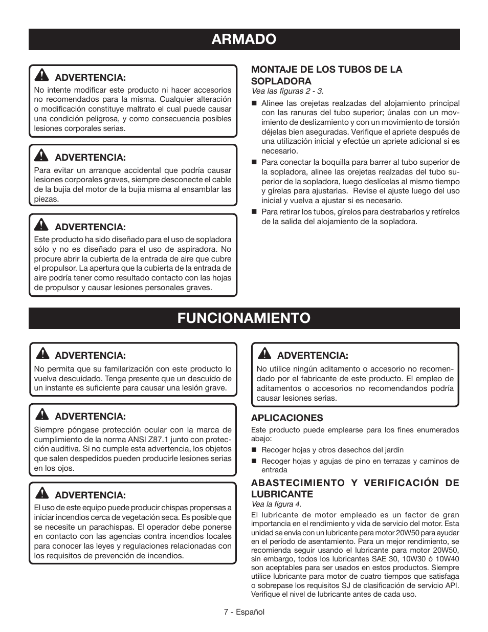 Armado, Funcionamiento | Ryobi RY09465 User Manual | Page 39 / 48