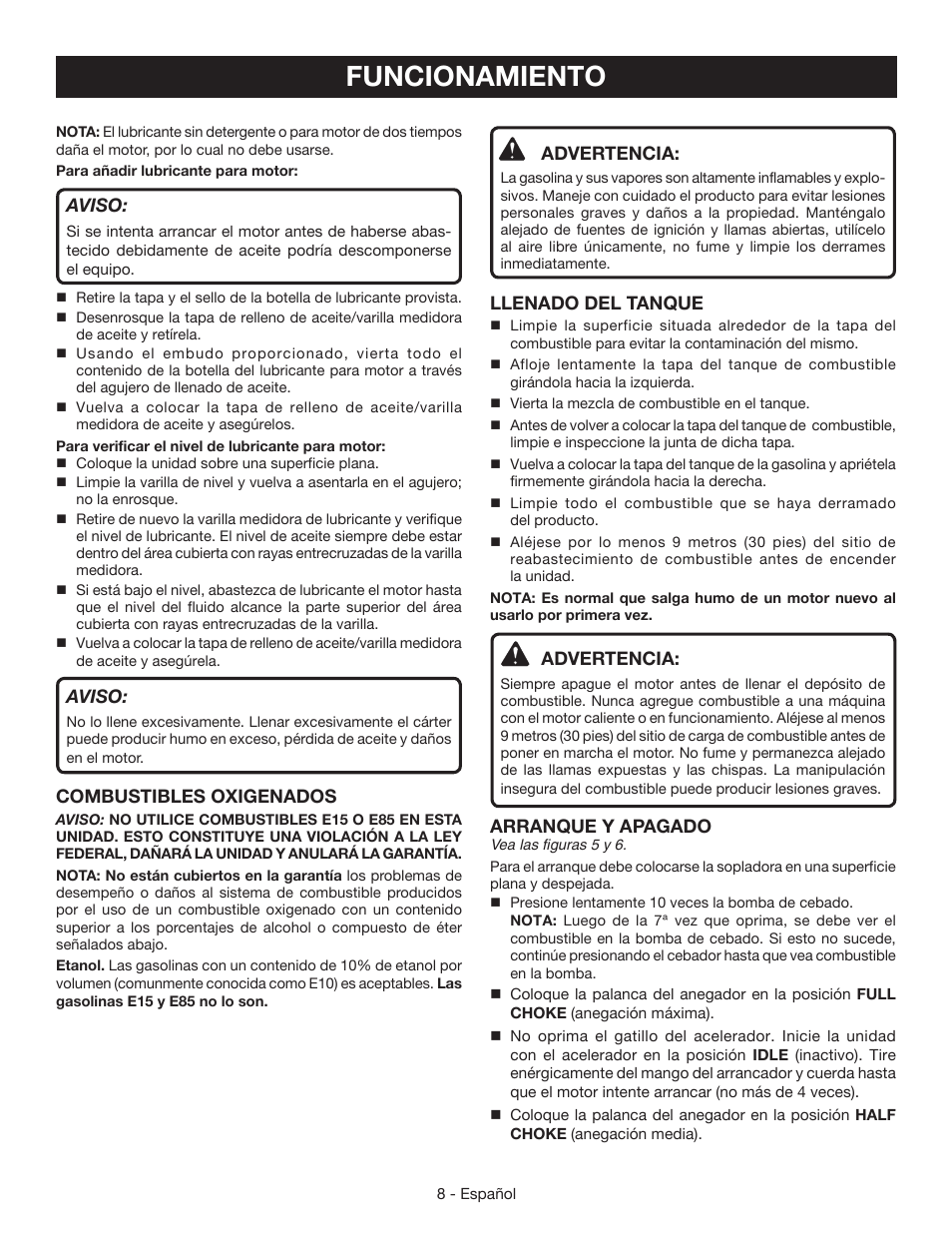 Funcionamiento, Aviso, Combustibles oxigenados | Advertencia, Llenado del tanque, Arranque y apagado | Ryobi RY09465 User Manual | Page 40 / 48