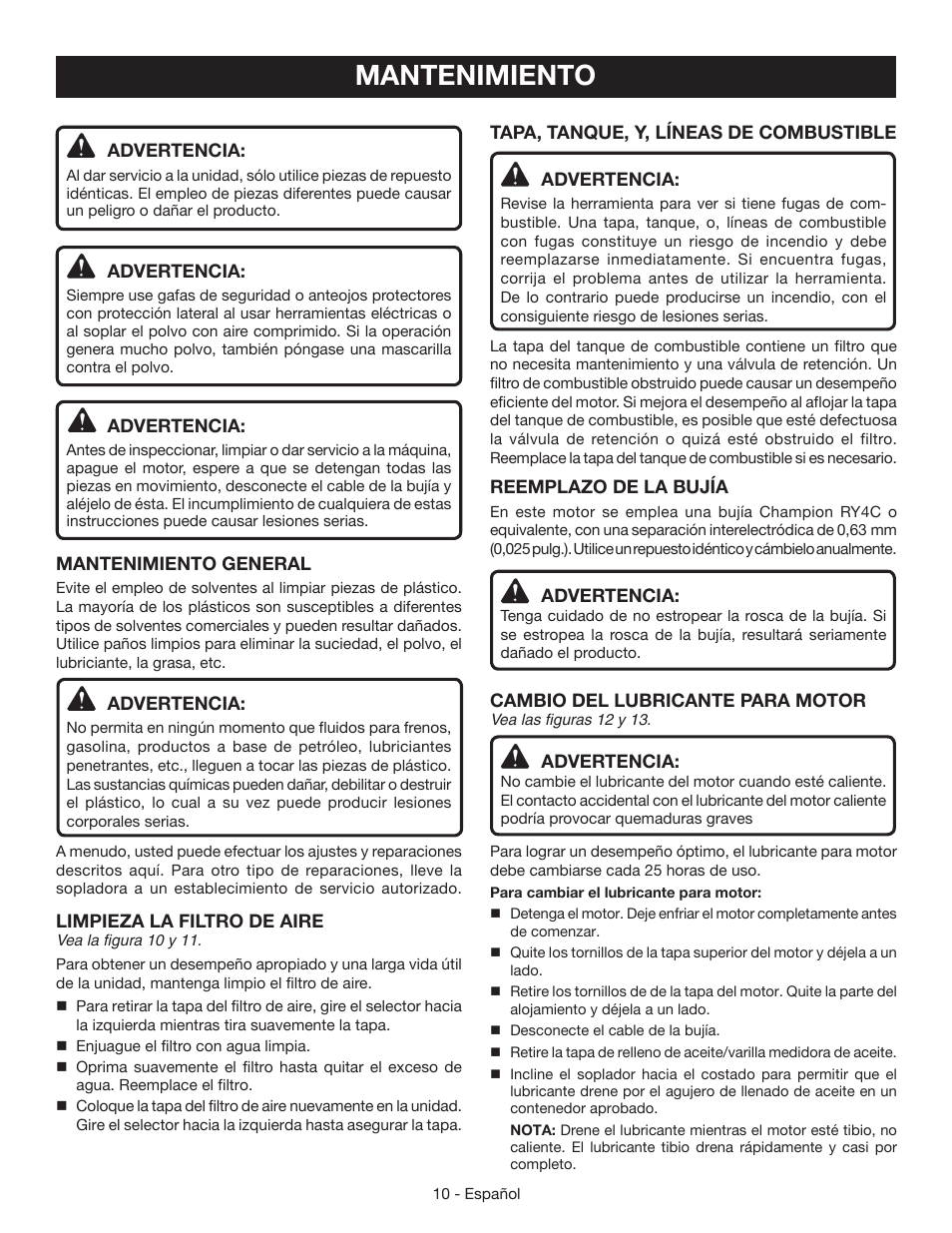 Mantenimiento | Ryobi RY09465 User Manual | Page 42 / 48