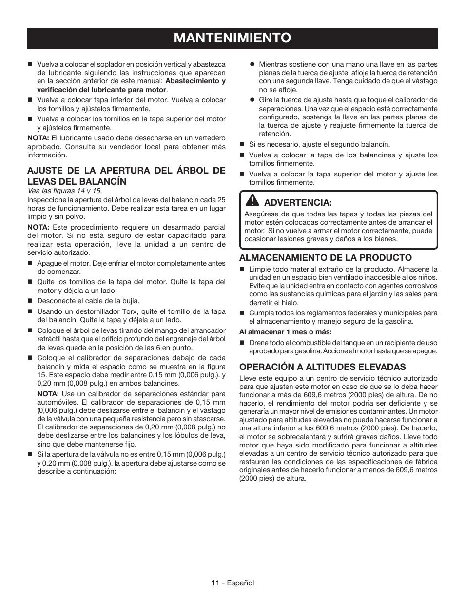 Mantenimiento, Advertencia, Almacenamiento de la producto | Operación a altitudes elevadas | Ryobi RY09465 User Manual | Page 43 / 48