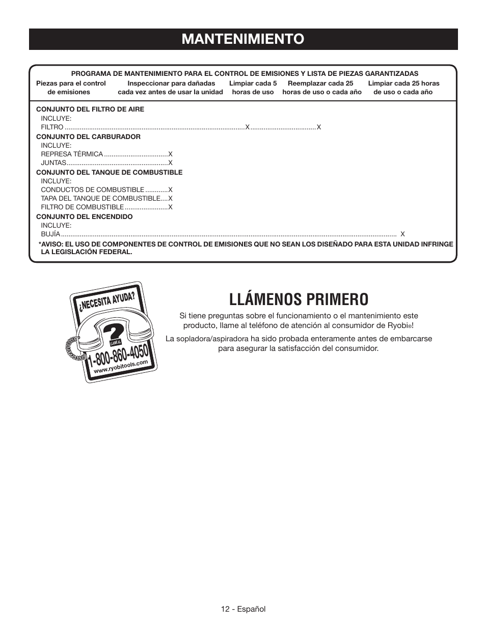 Llámenos primero, Mantenimiento, Necesita a yuda | Ryobi RY09465 User Manual | Page 44 / 48