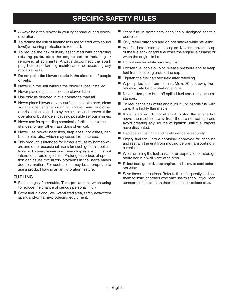 Specific safety rules | Ryobi RY09465 User Manual | Page 8 / 48