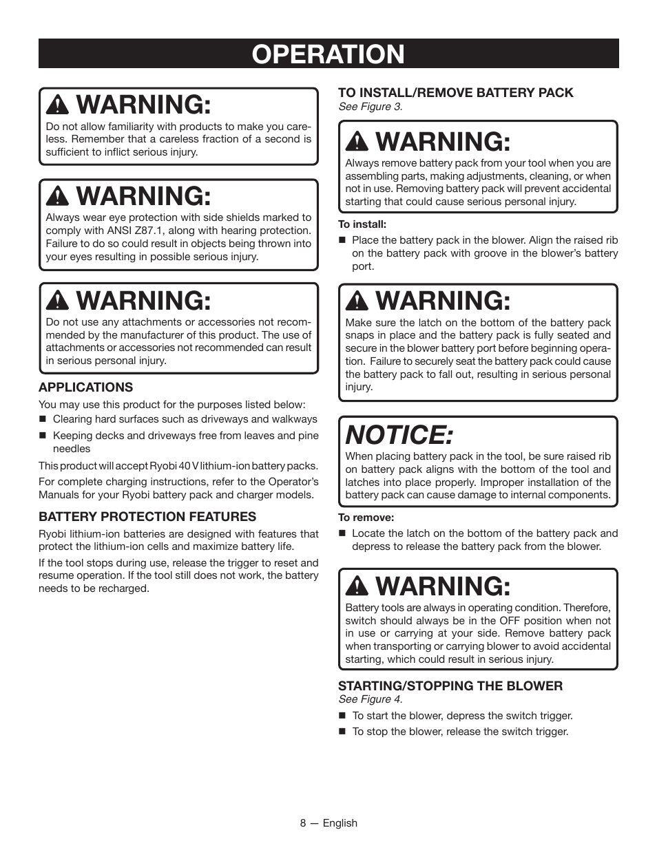 Warning, Operation, Notice | Ryobi RY40401 User Manual | Page 10 / 30