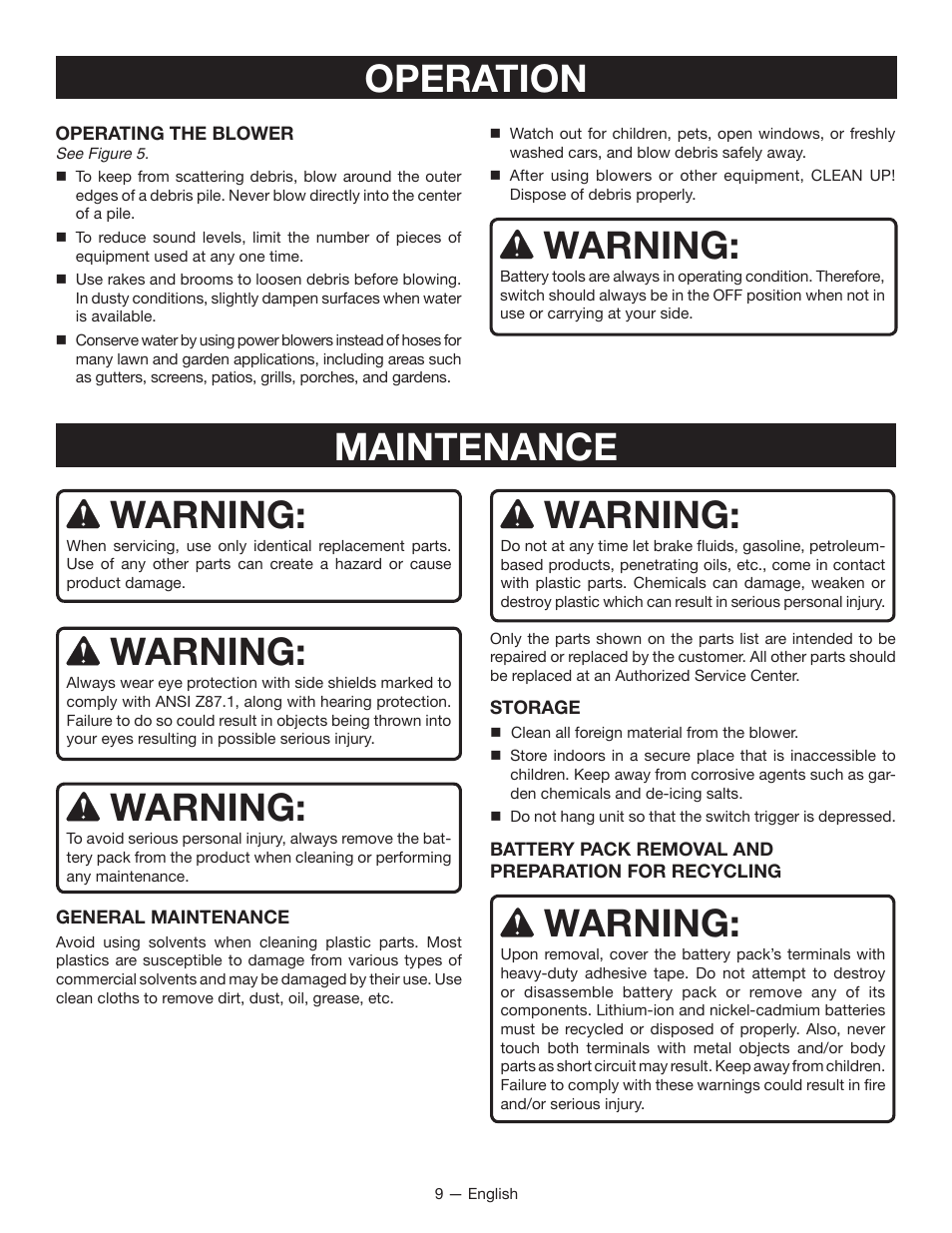 Operation maintenance warning, Warning | Ryobi RY40401 User Manual | Page 11 / 30