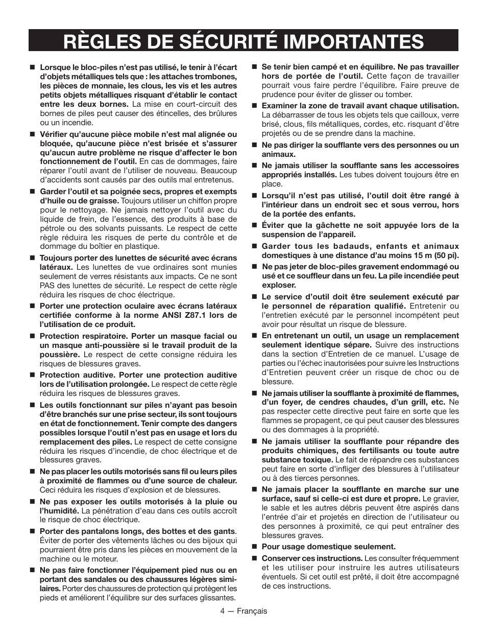 Règles de sécurité importantes | Ryobi RY40401 User Manual | Page 14 / 30