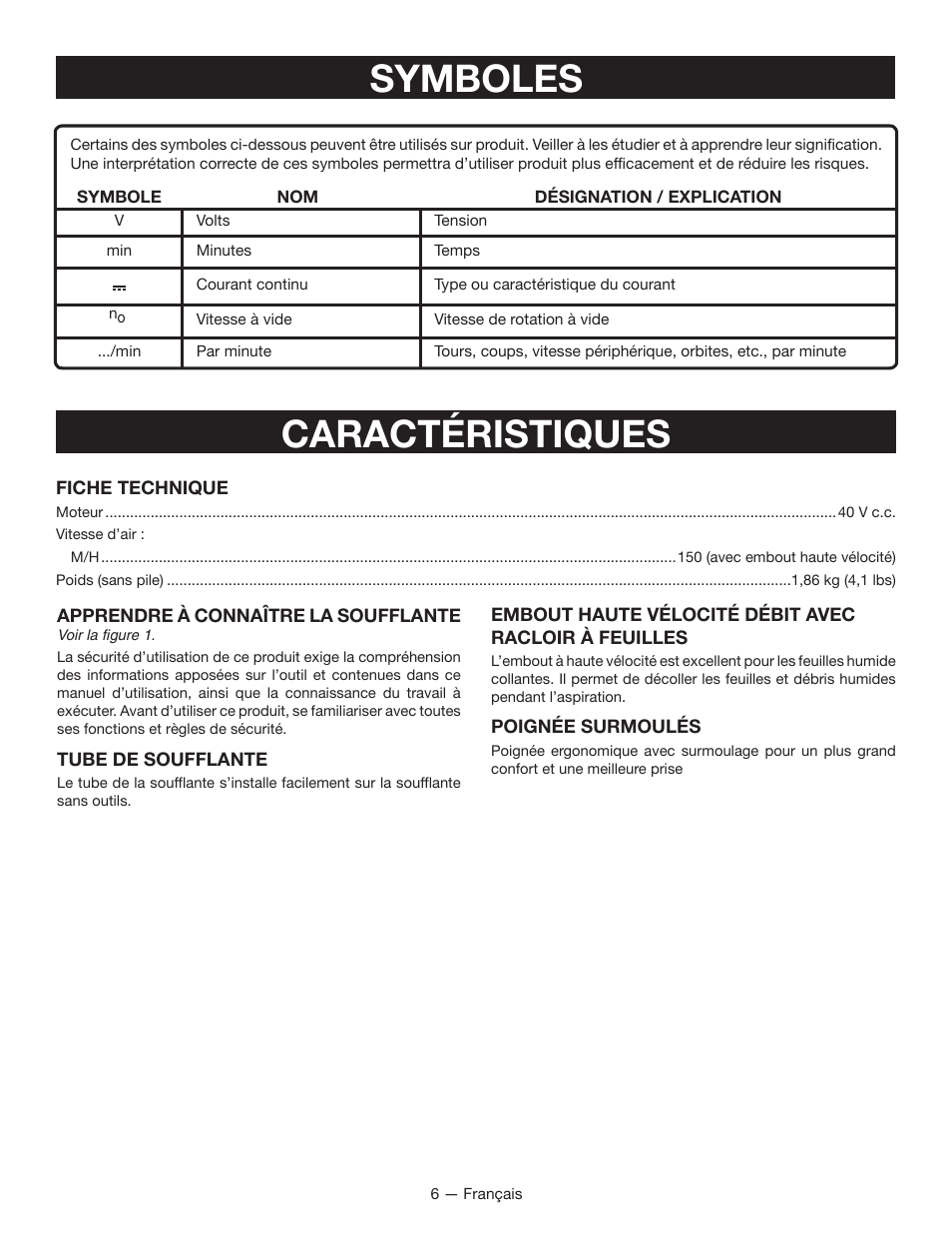 Caractéristiques, Symboles | Ryobi RY40401 User Manual | Page 16 / 30