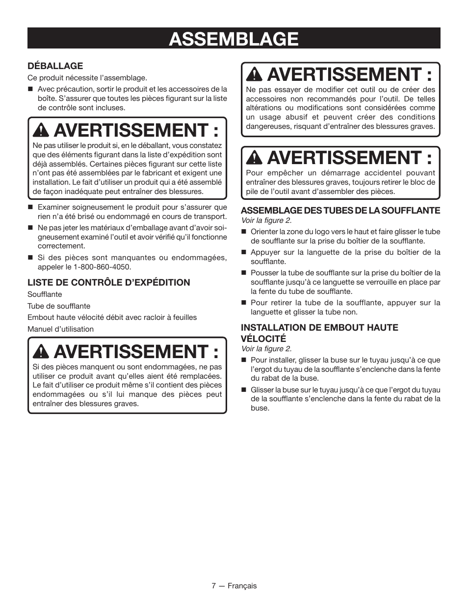 Assemblage, Avertissement | Ryobi RY40401 User Manual | Page 17 / 30