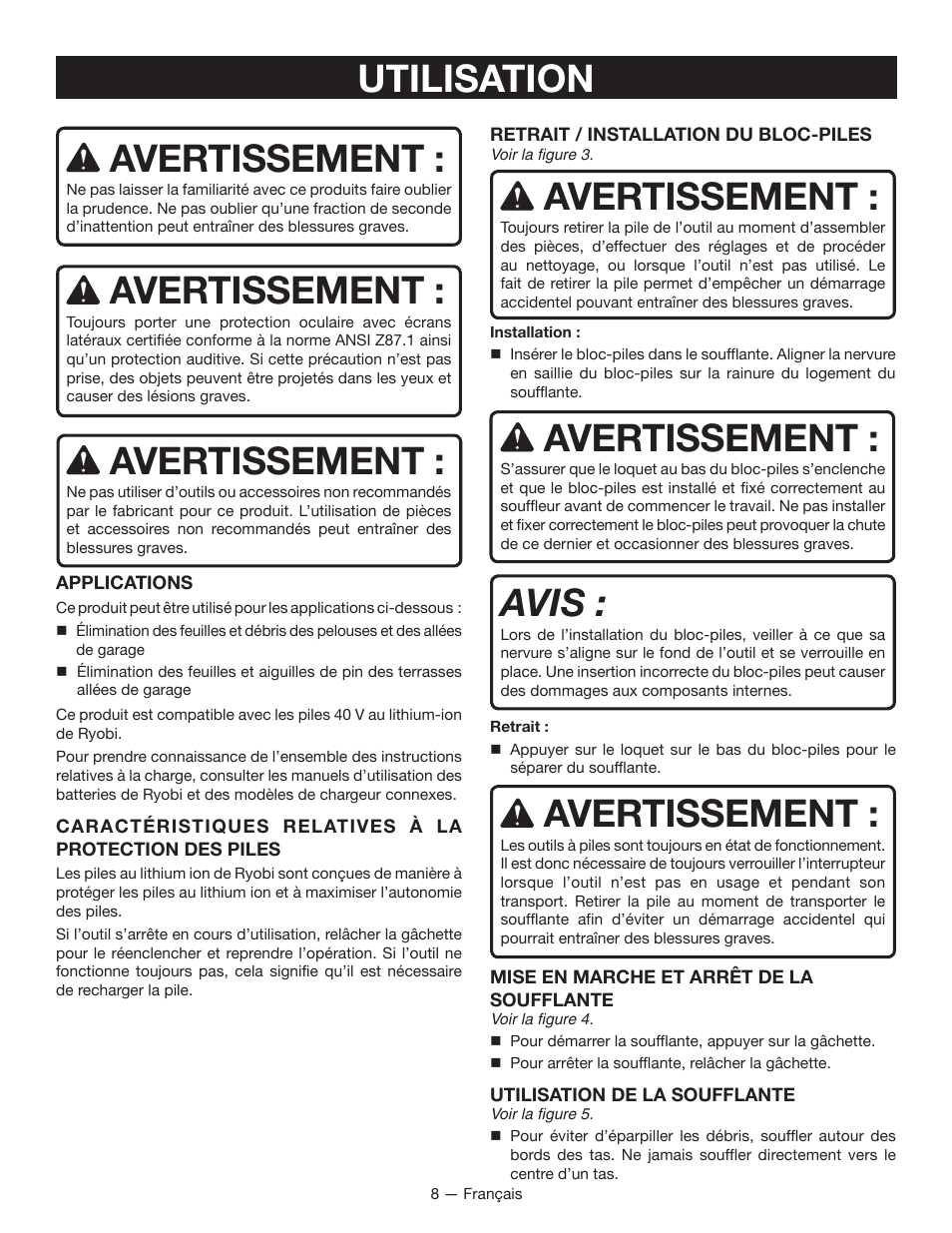 Avertissement, Utilisation, Avis | Ryobi RY40401 User Manual | Page 18 / 30