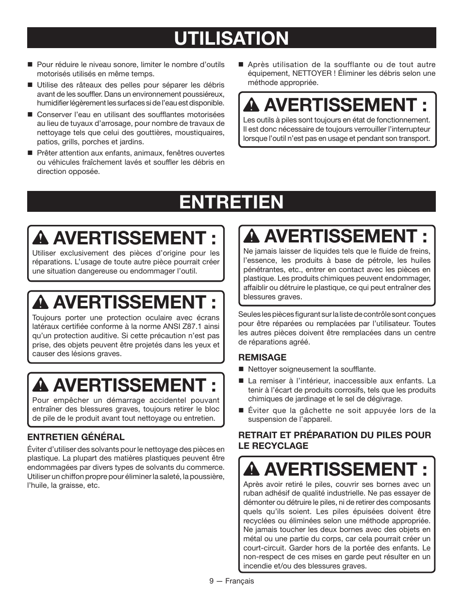 Utilisation entretien avertissement, Avertissement | Ryobi RY40401 User Manual | Page 19 / 30