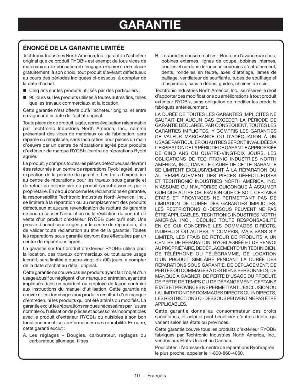 Garantie, Énoncé de la garantie limitée | Ryobi RY40401 User Manual | Page 20 / 30