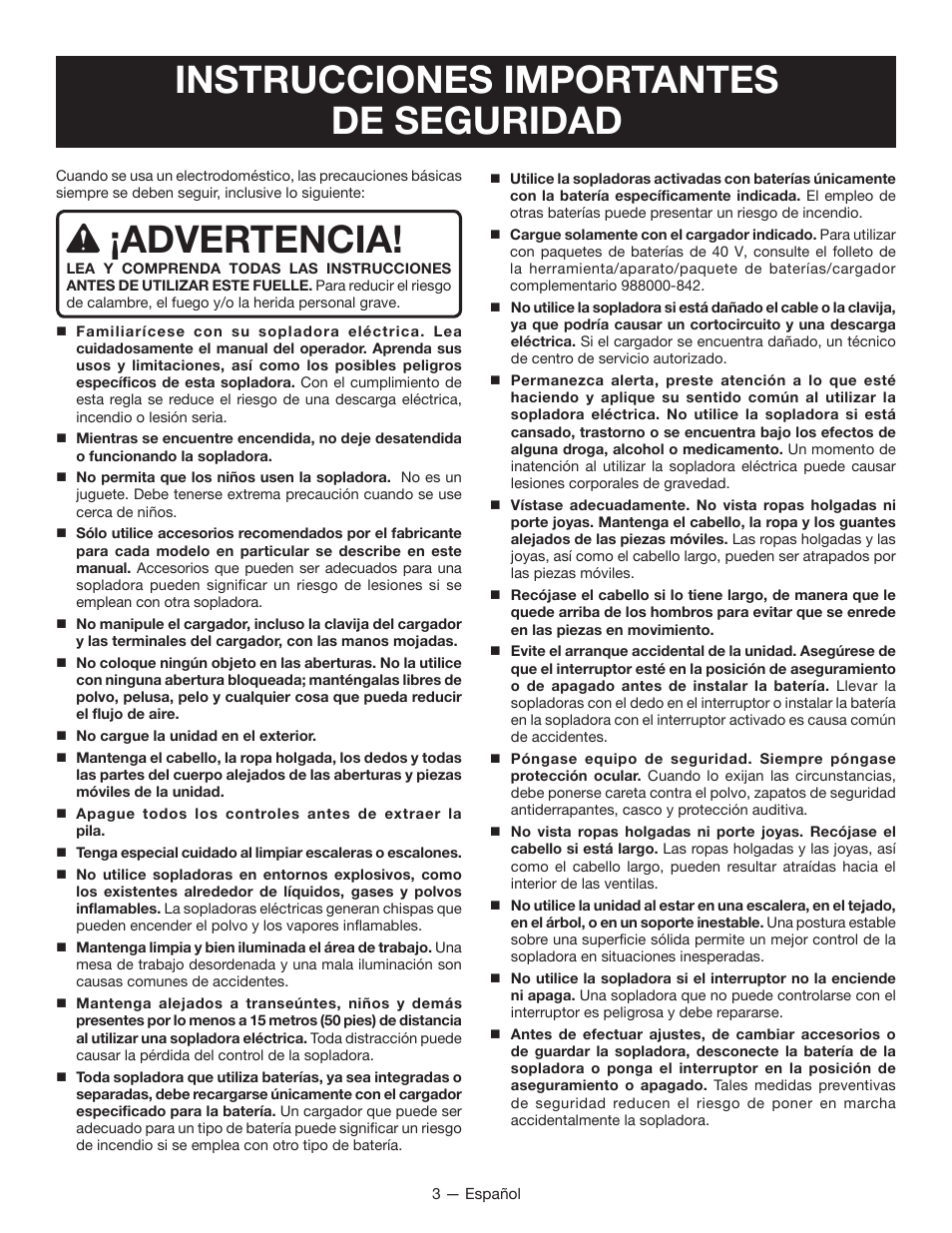 Instrucciones importantes de seguridad, Advertencia | Ryobi RY40401 User Manual | Page 21 / 30