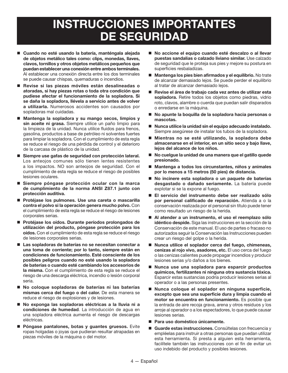 Instrucciones importantes de seguridad | Ryobi RY40401 User Manual | Page 22 / 30