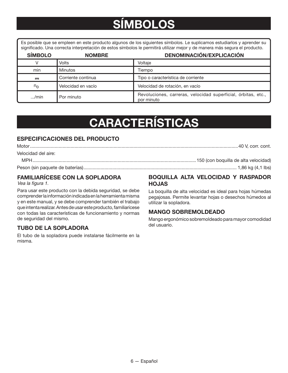 Características, Símbolos | Ryobi RY40401 User Manual | Page 24 / 30